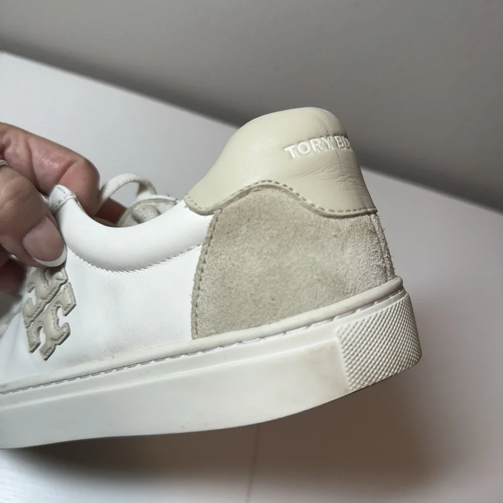 Tory Burch Sneakers Bari Nappa Color Block Women Sz 9 White Beige Leather Suede